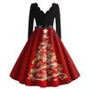 Рождественское платье с расклешенным принтом для женщин, платье с V-образным вырезом и длинными рукавами, повседневные платья