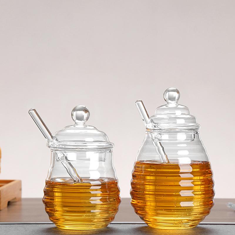Glass Honeycomb Tank Honey Jar Clear Glass Honey Dispenser With Dipper Stick And Lid Honey Bottle For Kitchen Coffee Bar Baking