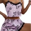 Women's Summer Sleepwear Lounge Pajama Sets Sexy Lingerie Lace Love Printed Crop Tops and Shorts Pijamas Set