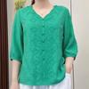 Women's Spring and Summer Literary Embroidery Cotton V-neck T-shirt Casual Loose Solid Color Medium-sleeved Blouse