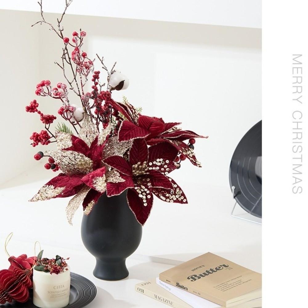 Новый 25 см Искусственный цветок пуансеттии Блестки Блеск Имитация цветов Сверкающий Рождественский цветок с блестками Фестиваль Нового года