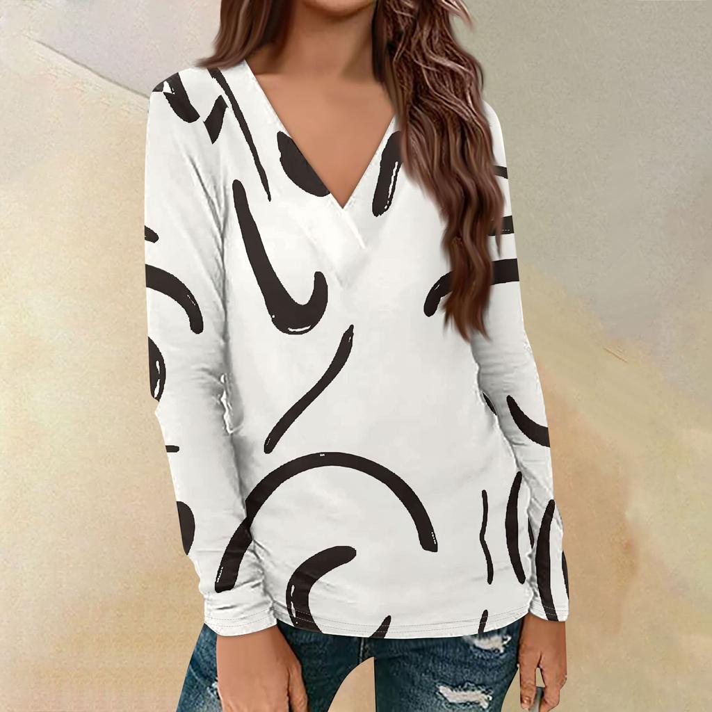 Women's Casual Printed Long Sleeve Loose V-Neck Pullover Top