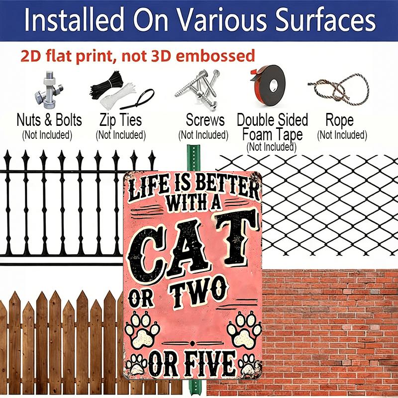 2D Flat, Vintage Metal Wall Art Sign with "Life Is Better with A Cat or Two" Quote - Rustic Distressed Pink & Black Cat Paw Print Decor for Man Cave