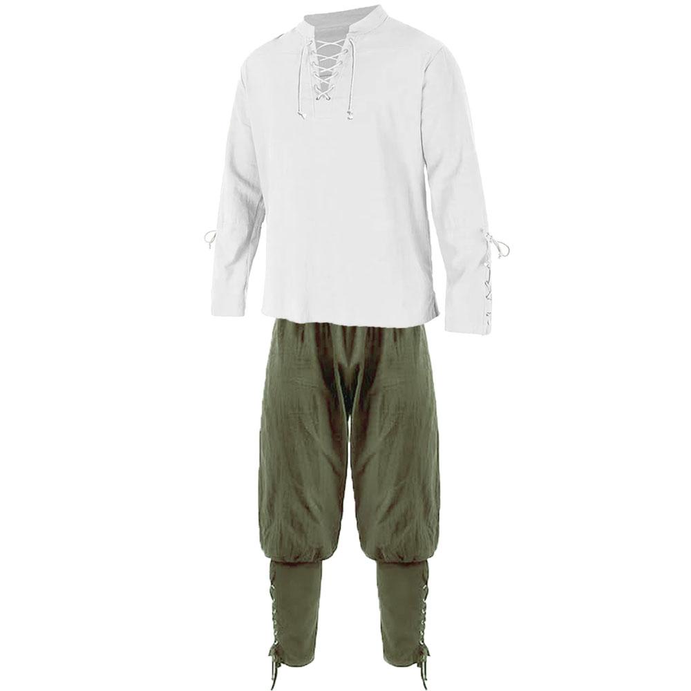 Men's Renaissance Sets Pirate Shirts and Pants Men Costume Cotton Linen V-neck Drawstring Party Dress Two Pieces