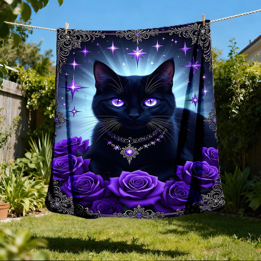 1pc Purple Rose Cat Outdoor Flannel Blanket , Machine Washable Perfect Gift for Birthday , Holiday Travel Accessory , Durable Material