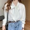 Brand Women White and Blue Blouse Stand Bow Casual Spring Autumn Tops Button Long Sleeve Chiffon Shirts Blusas Femme Loose Shirts