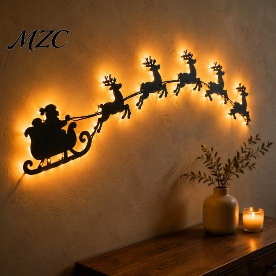Led Wooden Santa Sleigh Light Lighted Reindeer Christmas Wall Decor with Remote, 3D Up Wood Peel And Stick Entryway Art, Warm LED for Living