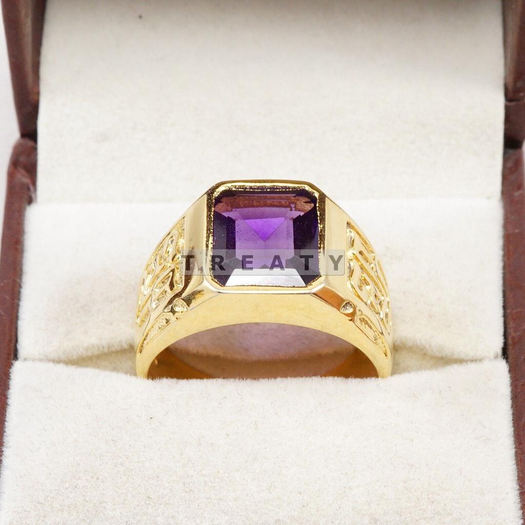 Amethyst Emerald Cut Gemstone With 925 Sterling Gold Plated Ring For Men's #B722 JL375692767213