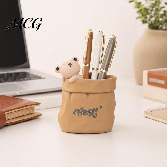 Pen Holder Wrinkled Paper Bag with Animal Decor, Resin Desk Cup Organizer & Succulents Planter, Cute Stationery Gift for Students Office Soft