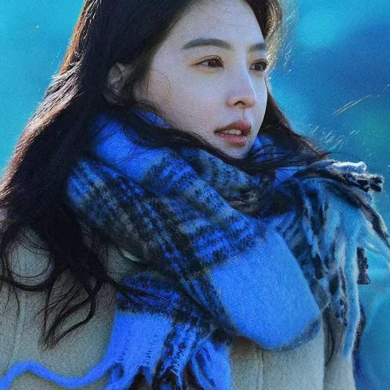 Atmospheric Blue Plaid Scarf for Women In Autumn and Winter Retro Mohair Warm and Thickened Long Tassel Shawl Scarf