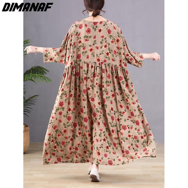 Dimanaf Женское платье больших размеров, новинка 2023 года, летнее стильное платье, свободное платье с длинным рукавом и круглым вырезом с цветочным принтом, зеленые льняные базовые платья