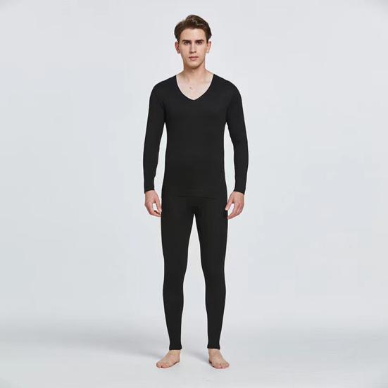2 шт./компл., мужской однотонный комплект термобелья, двусторонний замшевый топ с v-образным вырезом и длинными рукавами, облегающий комплект с высокой талией и длинными брюками