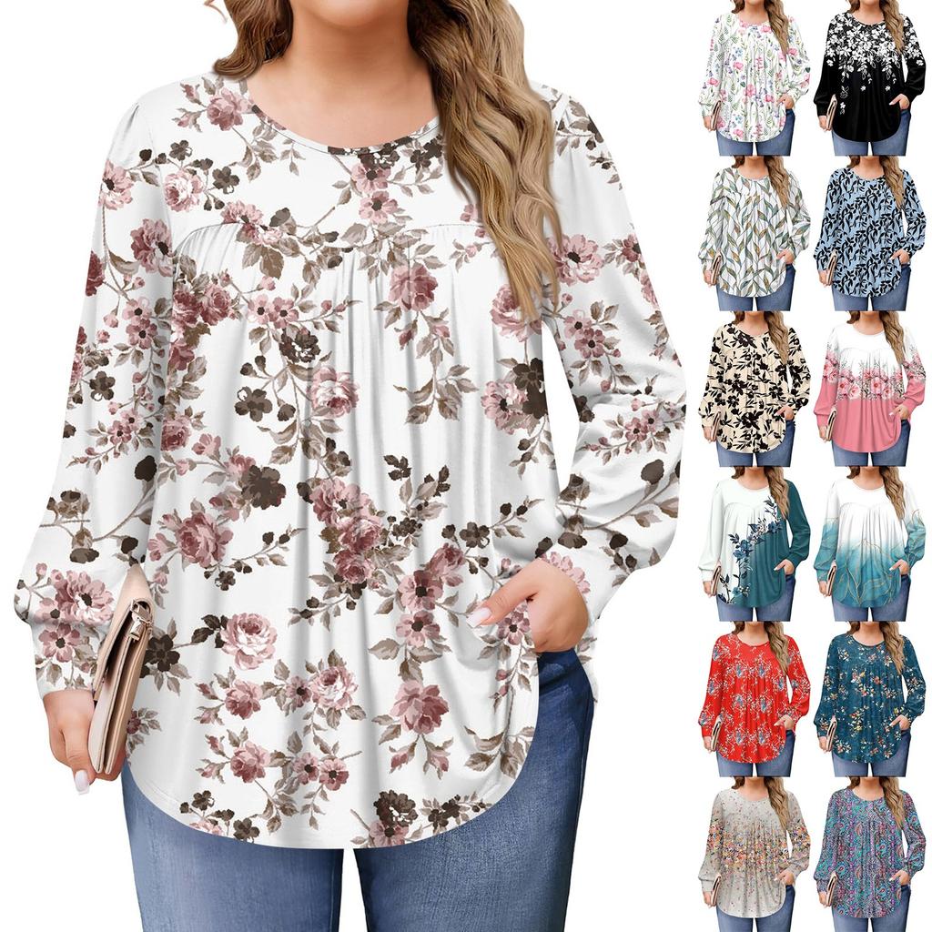 Womens Plus Size Tops Long Sleeve Shirts Round Neck Flowy Tunic Casual Loose Blouse L-5X