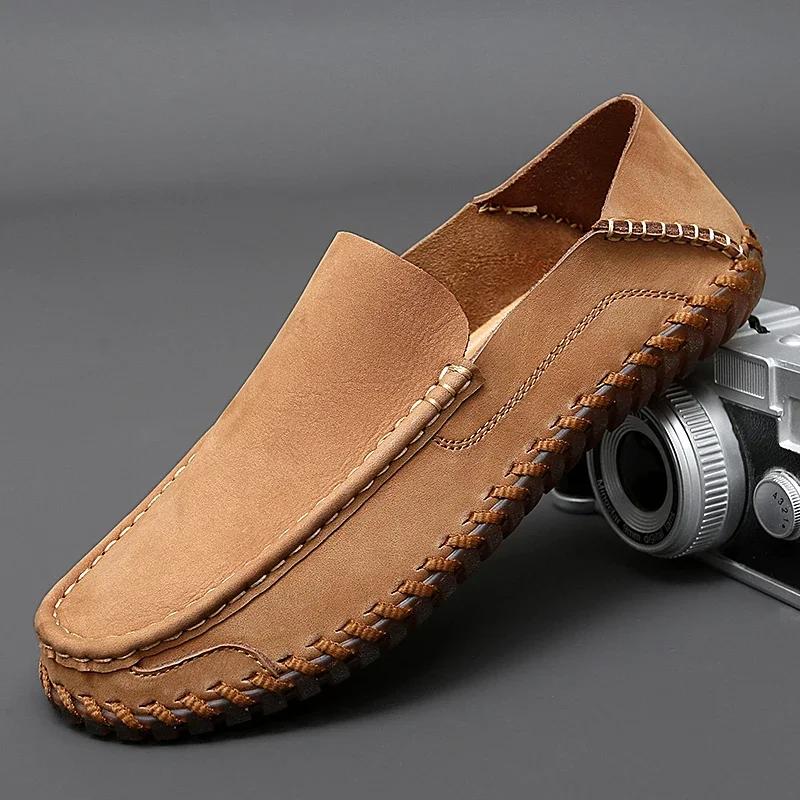 Handmade Men's Slip-Ons Leather Loafers for Casual Fashionable Comfortable Waterproof Walking Travel Suitable For All Seasons