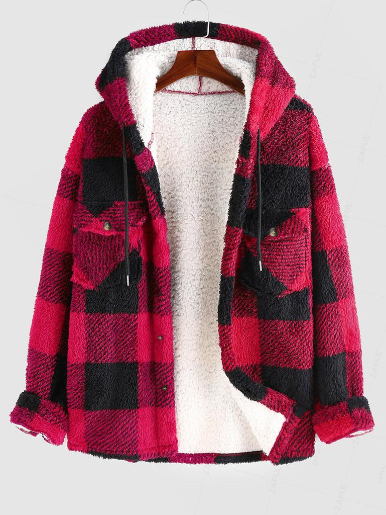ZAFUL Men's Checkerboard Plaid Pattern Winter Warmth Fluffy Faux Fur Hooded Jacket