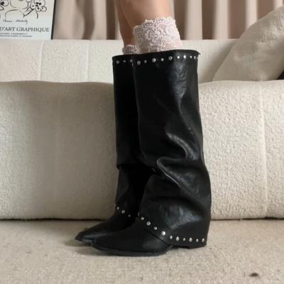 Версия из коровьей кожи~ Ленивая кожа, ботинки-ботфорты с заклепками, женские ретро с острым носком, майярдово-коричневые, но до колена, рыцарские ботинки