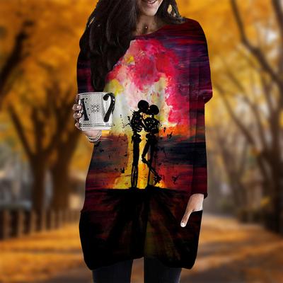 Новинка осени Пара Скелет Принт Плюс Размер Платье Женщин O'neck Длинные Рукава Повседневные Карманные Платья