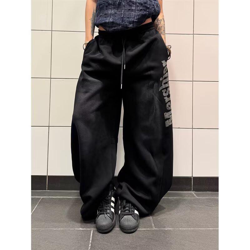 Vintage Washed Hip-Hop Pants Wide-Leg Joggers Letter Print Tapered Hem Casual Streetwear Men