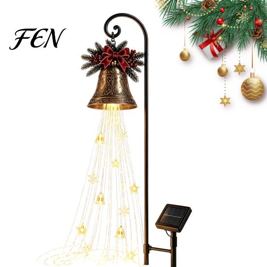 Decorative Patio Warm Lights Christmas Bell Cascade Solar Yard Light for Decor, White Cascading Retro Metal Ornaments Garden Stake Lawn Pathway Front