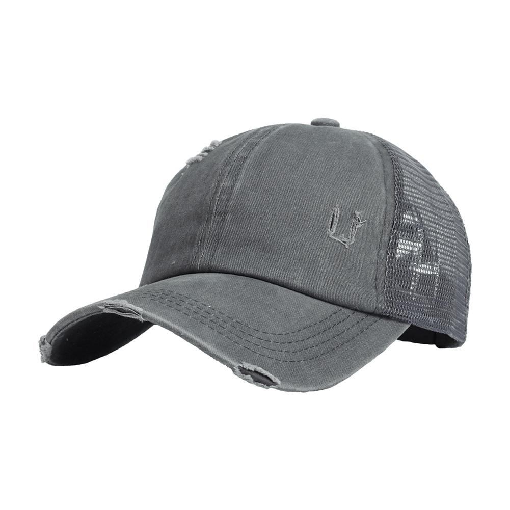 Women Cross Ponytail Baseball Cap Mesh Adjustable Outdoor Sports Washed Distressed Peaked Cap