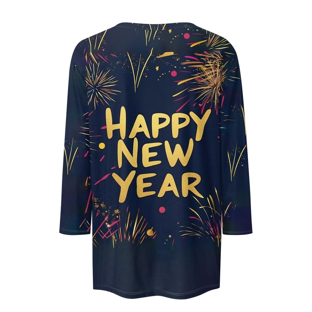 Женская мода повседневная новогодняя принтованная круглая горловина с рукавом три четверти топ Новый год 2025