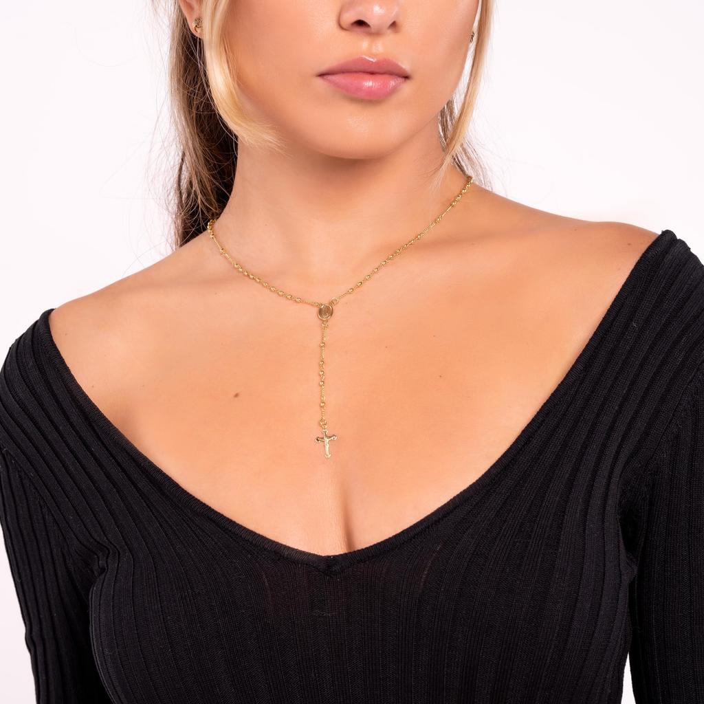 Barzel 18K Virgin Mary Rosary Bead Cross Necklace Made In 18 No Gemstones Gold-Plated - Brazil, Inches, Brass,