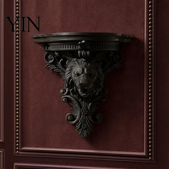 European Style Shelf Wall Shelf, Matte Black Texture Decorative Stand, Retro Lion Stable Load-bearing Embossed Mounted Thickened One-Piece Structure