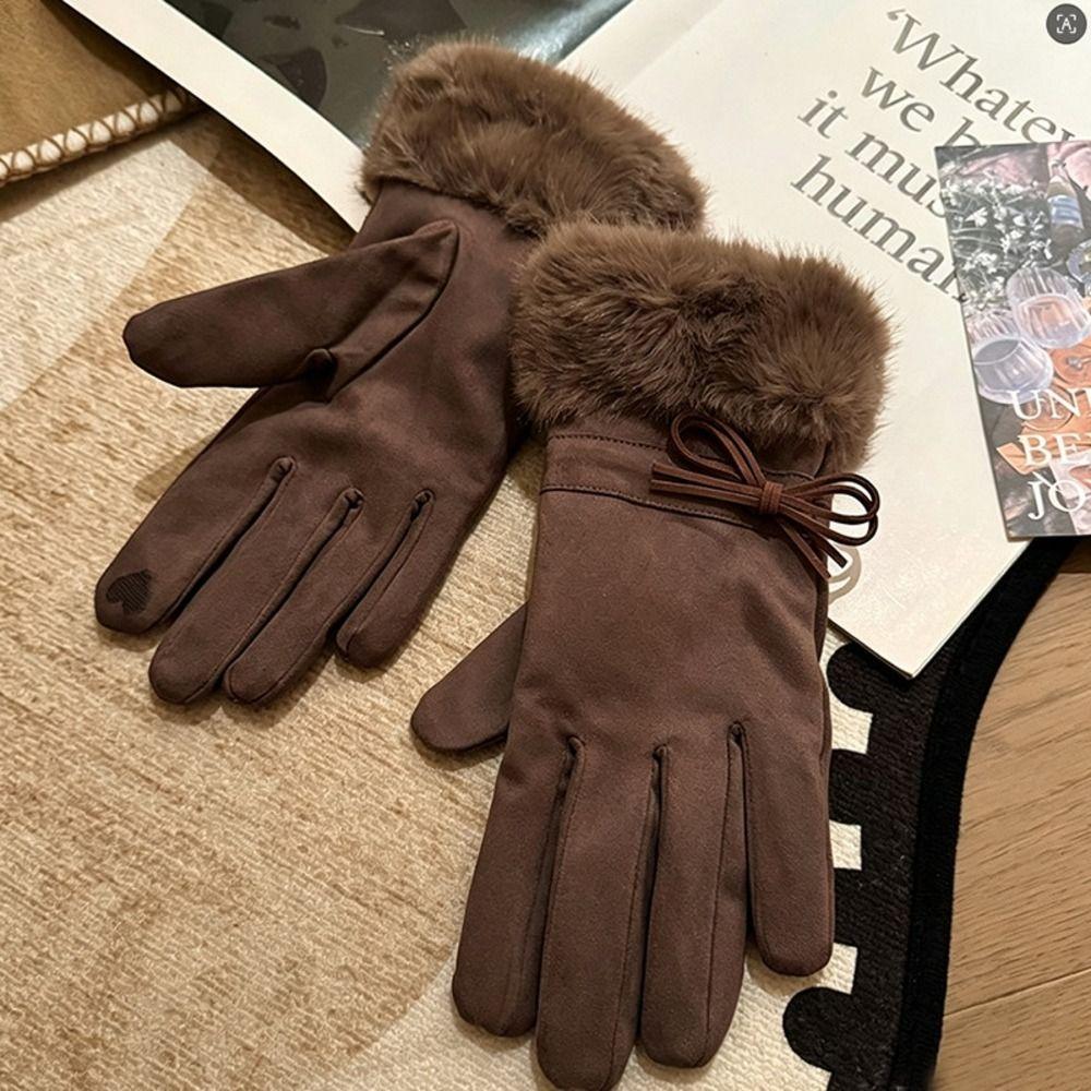 Fleece Lined Faux Fur Gloves Bow Decoration Touch Screen Gloves Winter Thick Warm Gloves For Women