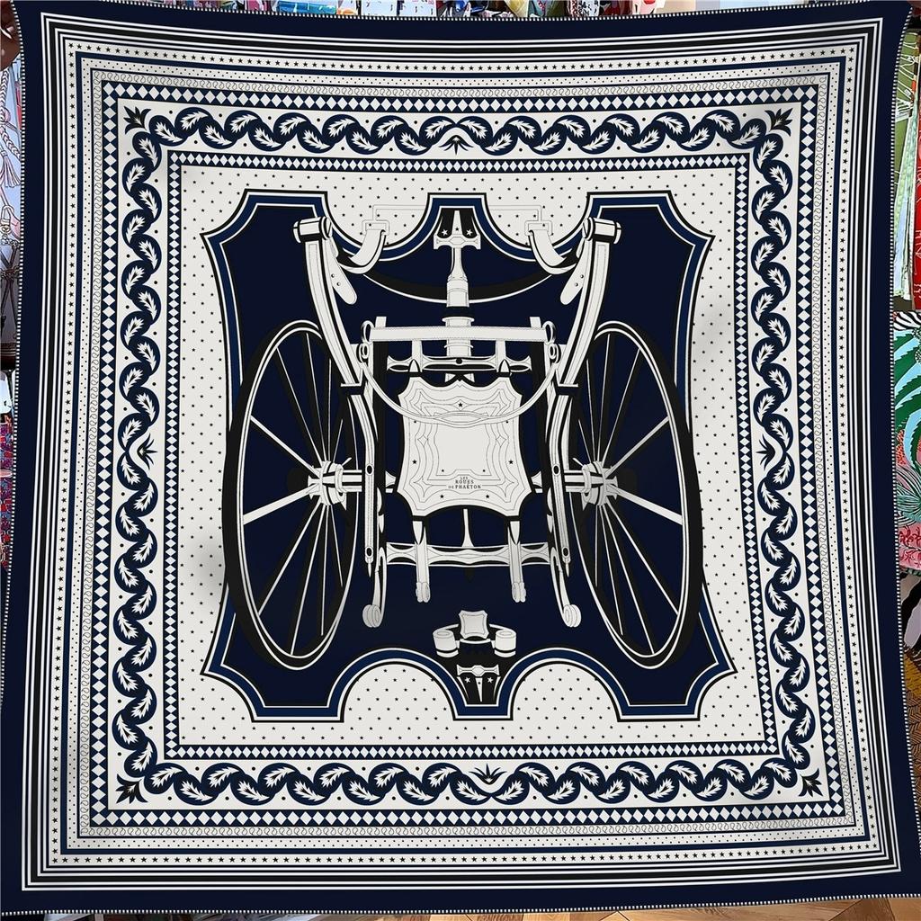 130cm French Winter Geometric Striped Carriage Faux Silk Wool Square Scarf Women Wraps Pashmina Hijab