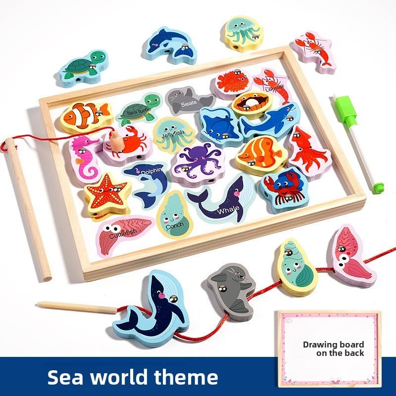 Деревянная двухсторонняя доска с бусинами, с игрой «Рыбалка» и внешним видом морских животных для детской игровой комнаты, домашнего развлечения
