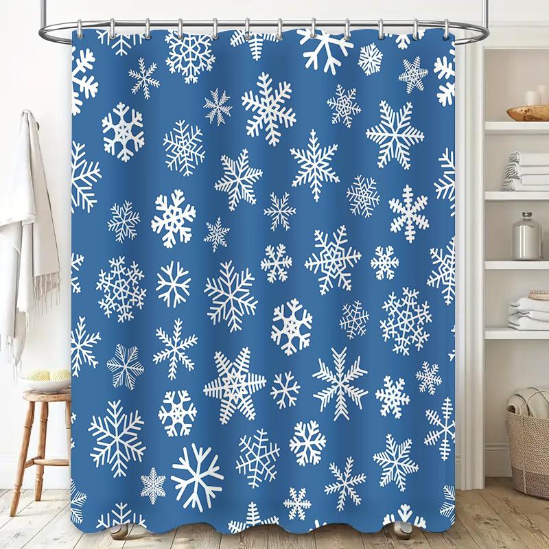 Blue White Snowflake Shower CurtainWaterproof, Non-Slip Bathtub Cover for Home Decor Washable Fabric with Hook Rings Set (89 X 7