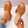 Fashion Women's Slippers Casual Pu Leather Middle Thick Heel Shoes Elegant Metal Buckle Peep Toe Slides Black Brown Platform Slipper