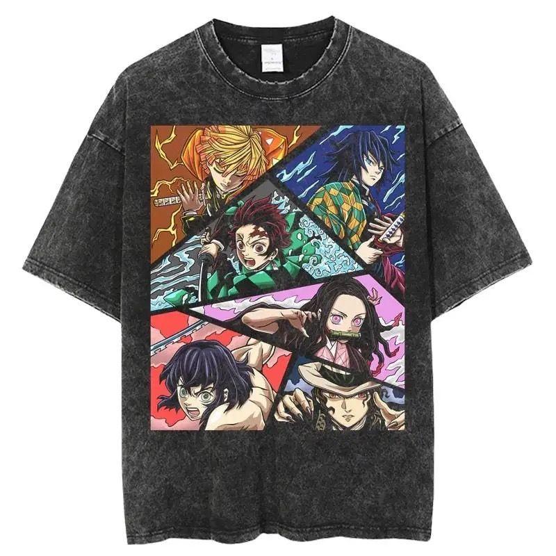 2026 Summer Hot Sale Vintage Washed TShirt Kimetsu No Yaiba Anime Tee Streetwear Cotton Short Sleeve Top Men Women Anime Fans