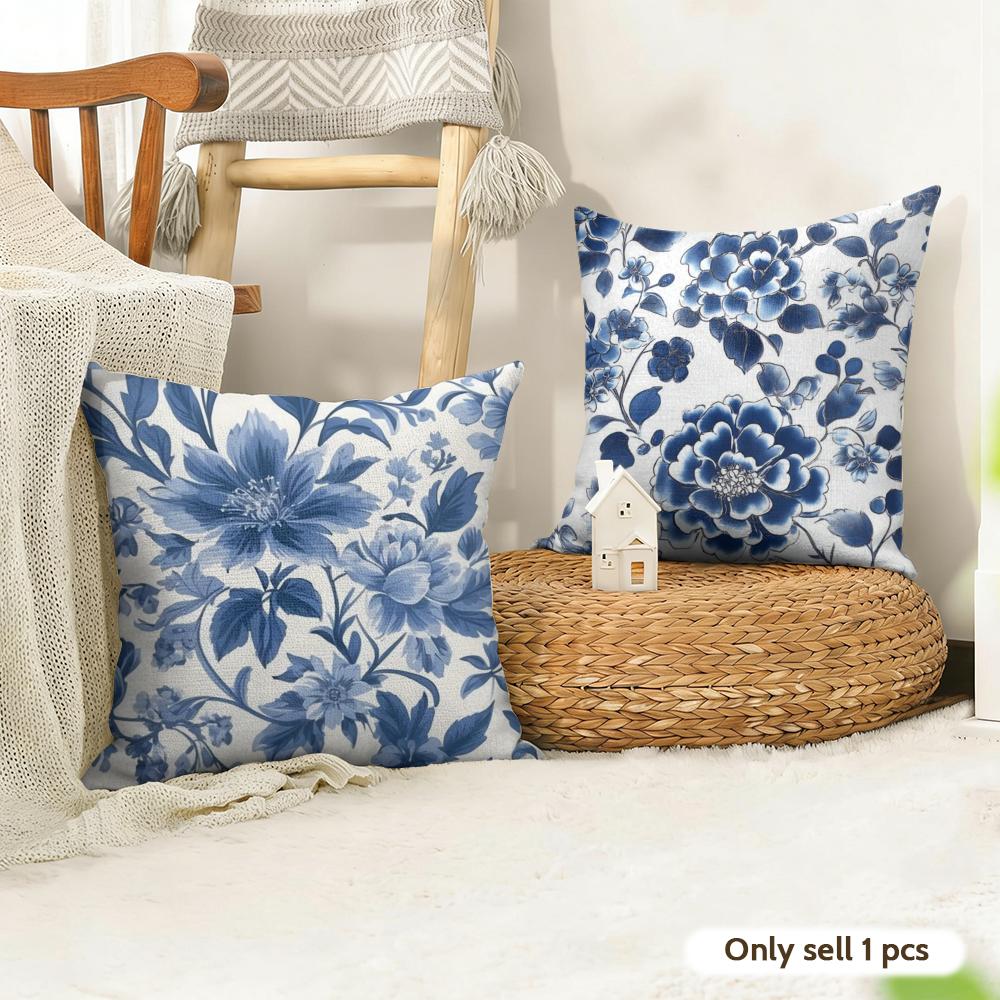 Blue And White Porcelain Cushion Cover Natural Linen Organic Fabric DoubleSided Printing Couch Pillow Covers Home Decor