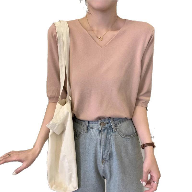 2025 Summer V-Neck Knit Short Sleeve Women's Slimming Top