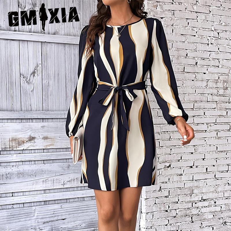 GMXIA Женские весенние разноцветные полосатые платья с круглым вырезом и длинными рукавами с поясом