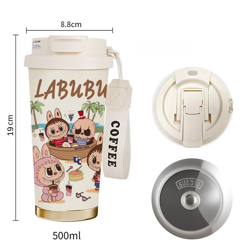 Кружка для кофе Labubu, термос из нержавеющей стали 316, высококачественная мужская и женская чашка для воды, мультяшная чашка с двойной соломинкой для двух напитков