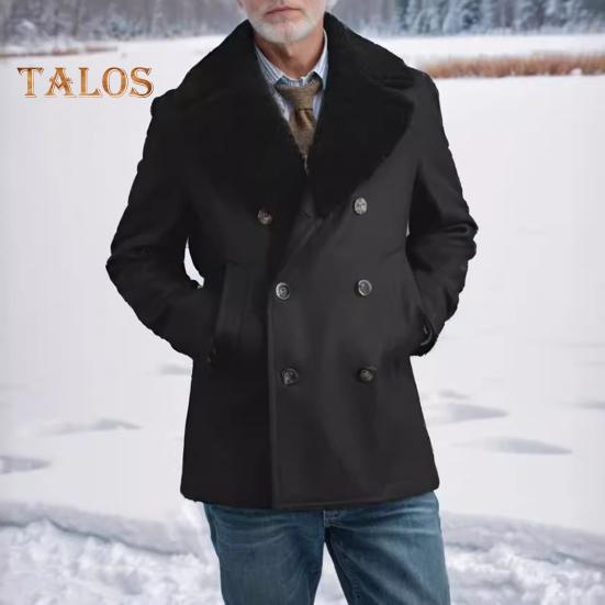 Мужское шерстяное пальто с лацканами, длинный рукав, двубортная куртка, пальто с плюшевыми краями, однотонные карманы, зимнее пальто