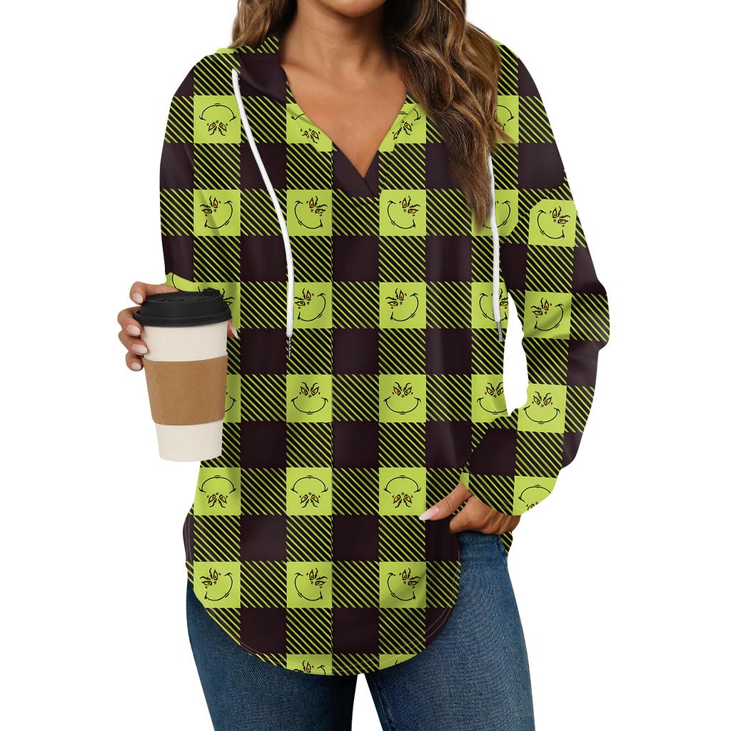 Женские модные худи с V-образным вырезом, длинным рукавом, рождественским принтом, кулиской, повседневные, свободные, пуловерные топы