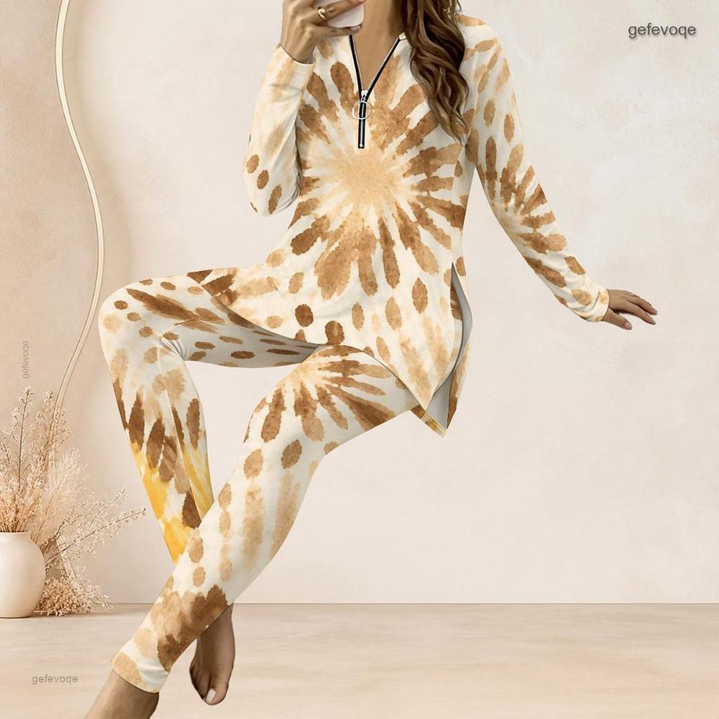 Women Plus Size Printed Front Zip Long Sleeve Long Top And Fitted Pants Two Piece Set