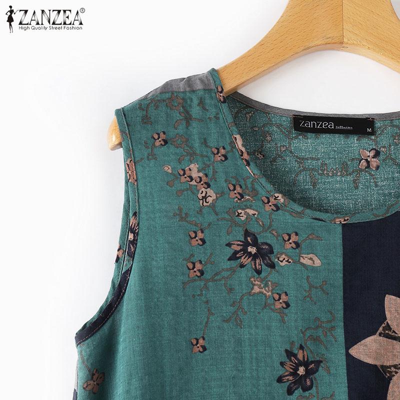 ZANZEA Женские повседневные майки без рукавов с круглым вырезом и принтом