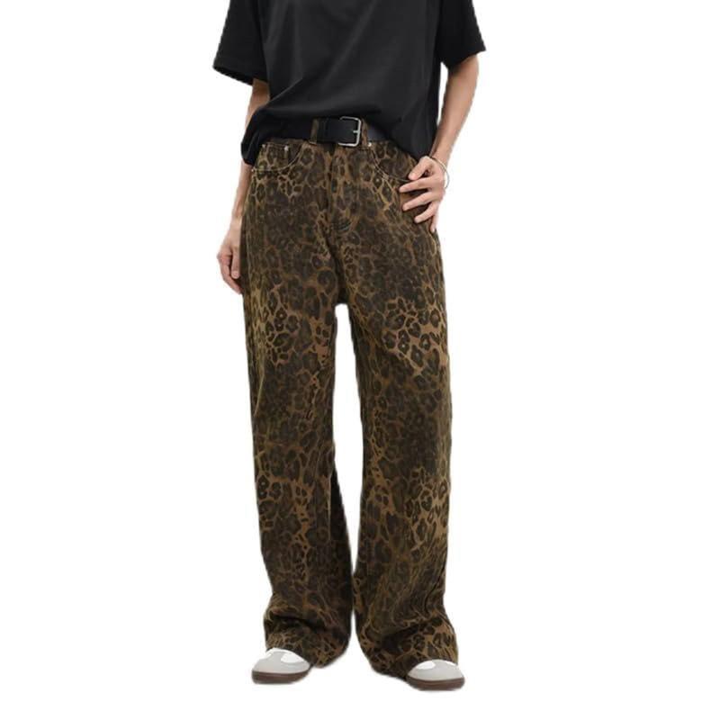 American Vintage Leopard Print Jeans Slim Straight Loose Wide Leg Casual Trousers
