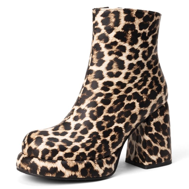 Сексуальные женские ботильоны на платформе, леопардовые короткие туфли, новинка 2025, модные осенне-зимние мотоциклетные ботинки на высоком блочном каблуке для женщин