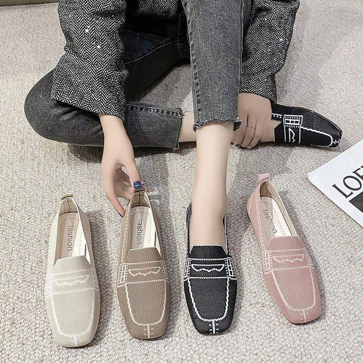 Женские трикотажные мокасины с круглым носком, новые балетки 2024 года, дышащая вулканизированная обувь, кроссовки для вождения, туфли-лодочки