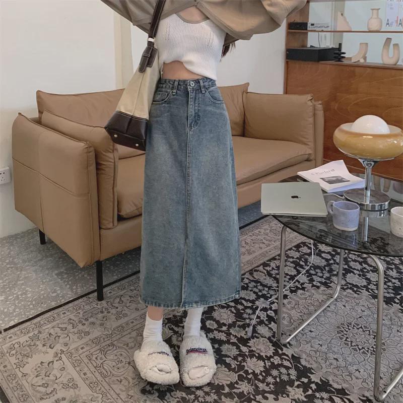 Женская джинсовая юбка А-силуэта с высокой талией и разрезом на лето 2024 г.