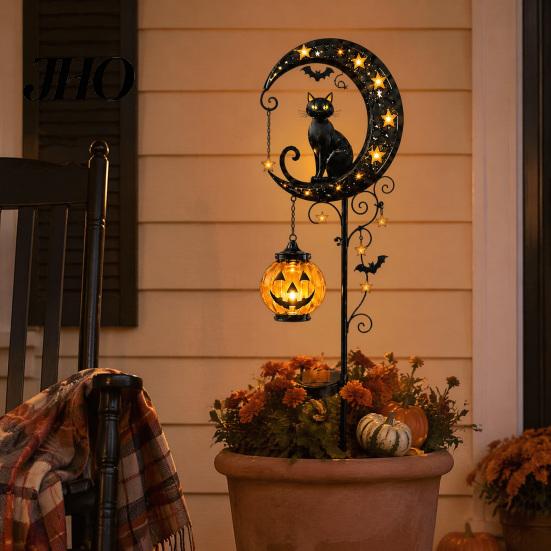 Hanging Pumpkin Halloween Decor Solar Garden Stake Light, Metal Black Cat & Moon Waterproof Crescent Pathway Lights Decorations for Lawn Patio