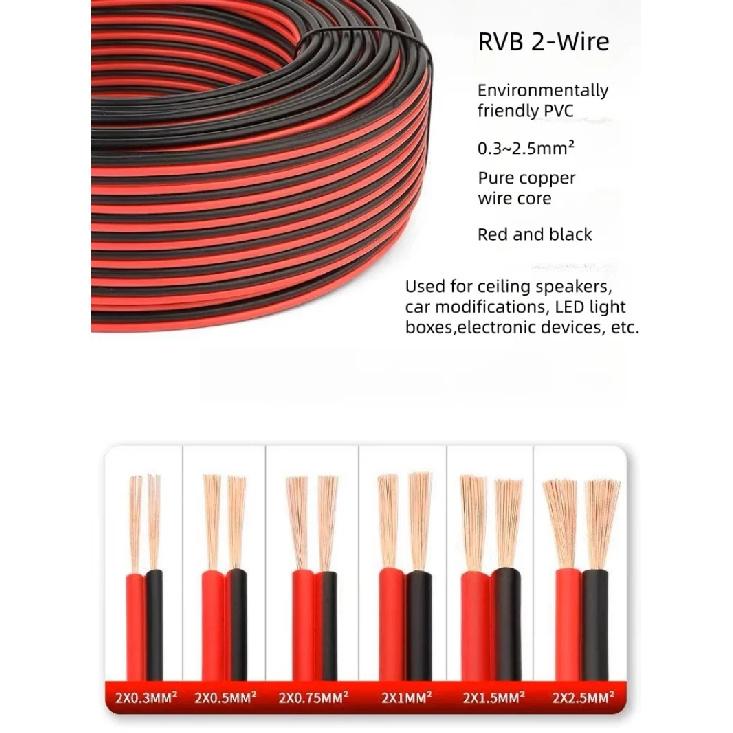 5/10M RVB Red Black 2 Pins Electrical Wire 12 14 16 18 20 22 AWG PVC Insulated Bare Copper Power Lines LED Cables