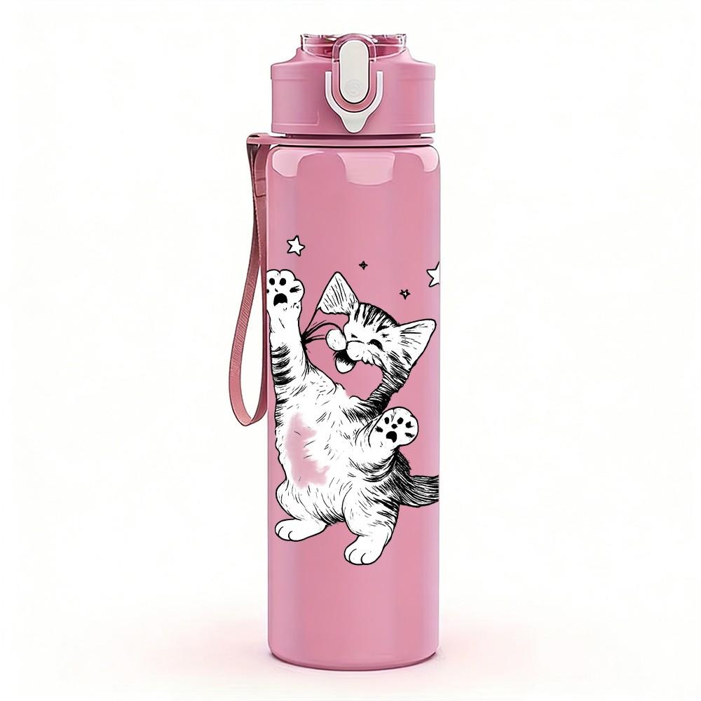 1PC Dancing Kitten Sketch Print 750ml Color Plastic Sports Water Bottle Leakproof Flip Straw Lid Suitable for Sports Office Home Use
