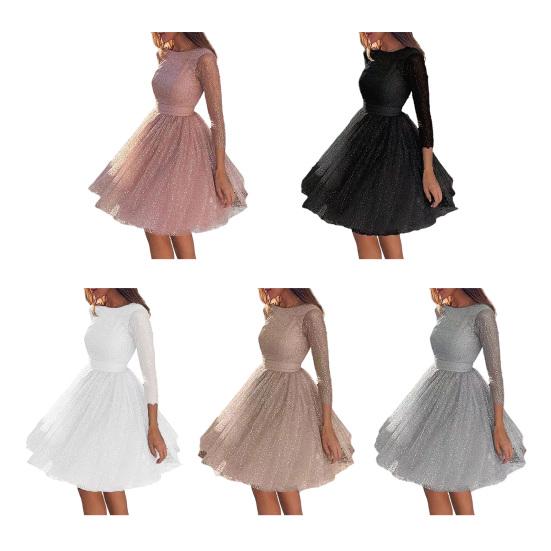 Glitter Starry Tulle Prom Dress for Women Long Sleeve Crew Neck Formal Evening Dress Mesh Cocktail Party Short Dress