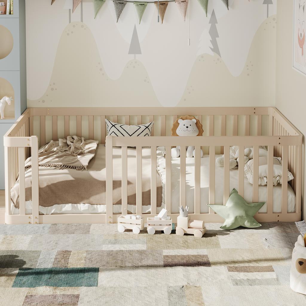 90x200 Wooden Bed Frame with Fence, Cream